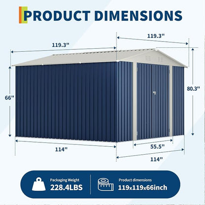 Garvee 10x10 FT Metal Storage Shed – Lockable Doors, Floor Frame, Blue | Spacious 10x10 interior – stores bikes, tools, and more.