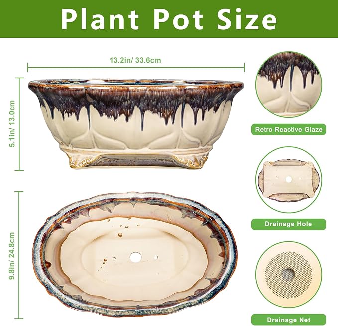 Ceramic Bonsai Pots - 13.2 Inch Succulent Planters for Indoor Plants Outdoor, Bonsai Tree Pots with Drainage Hole, Decorative Shallow Planter, Room Decor, Gifts for Men Women, Oval Beige-Brown