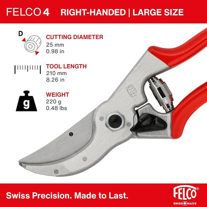 Felco F4 Pruning Shears – 9.25" Swiss-Made Garden Clippers for Pruning | Hand Pruners for Gardening | Garden Tool Cutter with Precision Bypass Blade, Aluminum Body, Replaceable Parts, Nut/Bolt Model