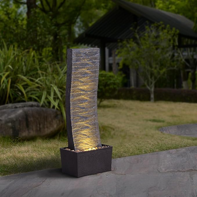 Curved Outdoor Waterfall Fountain, 36.2" Elegant Outdoor Water Fountain with LED Lights for Patio, Garden, Backyard, Modern Large Relaxing Water Feature (24382)