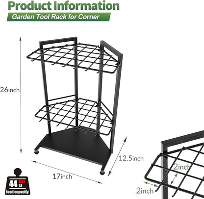 Garden Tool Organizer for Corner - Heavy Duty Metal Rack with 34 Storage Compartments & 14 Hooks for Shovels, Rakes, Long-Handled Tools, Ideal for Garden, Shed, Garage Storage