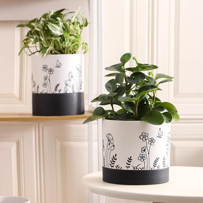 Nihow Ceramic Plant Pot,6 Inch Planter with Drainage Hole&Saucer for Indoor | White,Indoor & Outdoor, Cylinder Round Flower Pot, For Succulent/Herbs/Violets