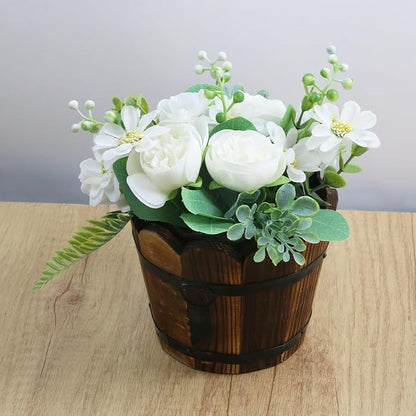 MY MIRONEY Wooden Barrel Planter Vintage Style Wood Bucket Rustic Garden Flower Plant Pots Container with Metal Ring Handles, Wave Mouth, 5.91" x 4.72"