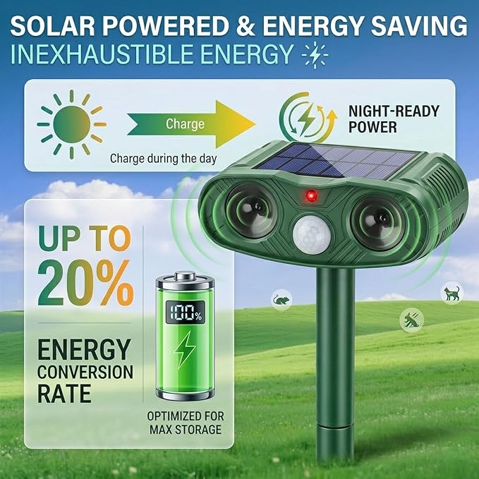 Solar Ultrasonic Animal Repeller Outdoor for Deer, Cats & Squirrels, 2 Pack | Sonic Fortress Pro Deer Repellent, IP65 Motion Activated Cat Deterrent to Scare Rabbit Raccoon for Garden Yard