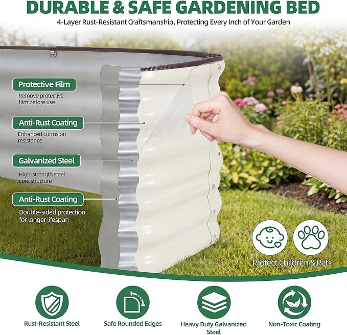 3 Pcs Raised Garden Beds Outdoor, 17" Tall 3-in-1 Modular 4x2ft Galvanized Metal Planter Box with Bracing Rods and Gloves for Vegetables Flowers Herbs, White