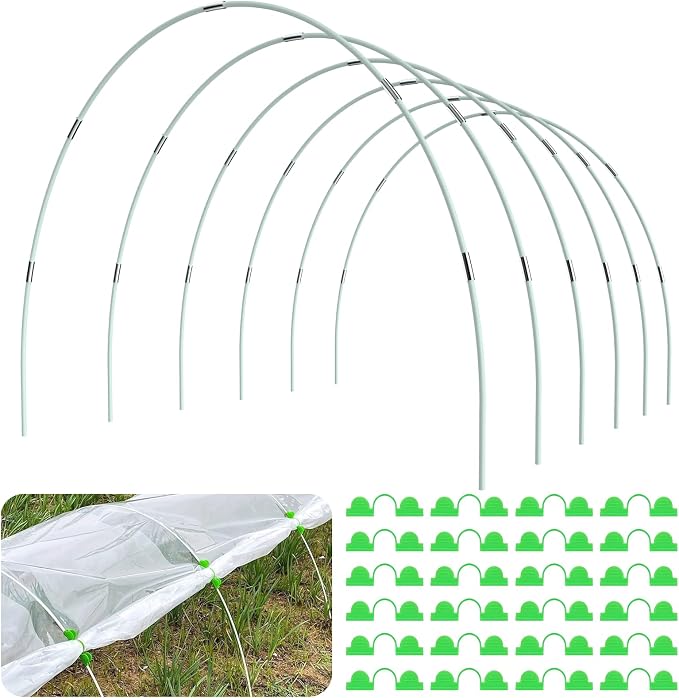 Greenhouse Hoops for Raised Beds, 36pcs Rust-Free Fiberglass | Garden Hoops Grow Tunnel Wide, 8FT Heavy Duty Plant Support Hoops with Flush Connectors & 24pcs Clips for Netting Row Cover