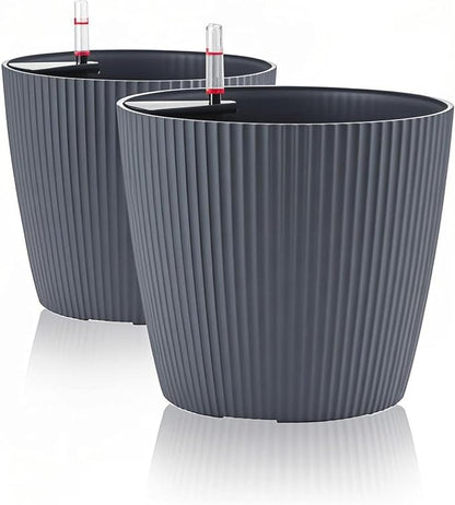 Dexceder 13x12 Self Watering Planters Indoor (2 Pack, Gray) | Inner Mat Design, Floor Standing Flower Plant Pot with Water Level Indicator