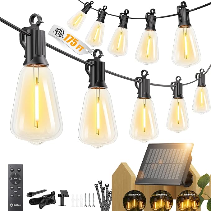 Brightown 175FT Solar String Lights Outdoor Waterproof with Remote, 56+2 LED Shatterproof Bulbs, Dimmable & Timable, 3 Light Modes - Commercial Grade Patio Lights for Garden Backyard Party Decor