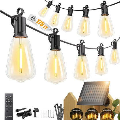 Brightown 175FT Solar String Lights Outdoor Waterproof with Remote, 56+2 LED Shatterproof Bulbs, Dimmable & Timable, 3 Light Modes - Commercial Grade Patio Lights for Garden Backyard Party Decor