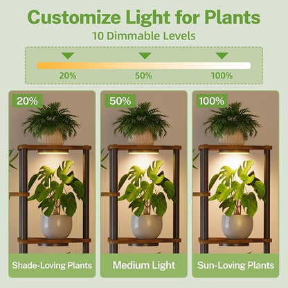 iDavosic.ly Tall Plant Stand with Grow Lights for Large & Heavy Duty Planters, 4 Tier Indoor Corner Flower Shelf with Wooden Trays & Metal Frame, Orchid Rack for Living Room Balcony, Black & Brown