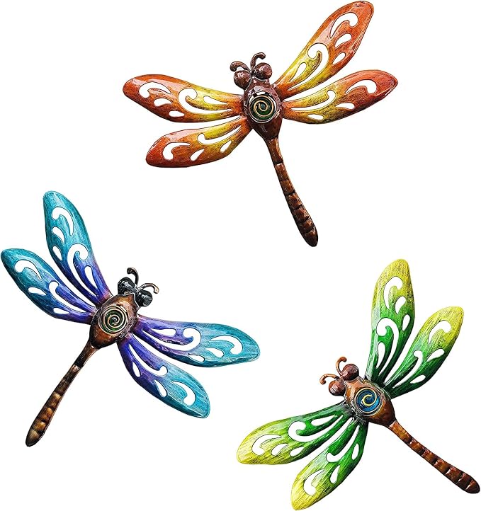 YNGFIL Dragonfly Wall Art Decor, Metal Indoor Outdoor Fence Outside Hanging Decorations for Living Room Bedroom, 9 Inch 3 Pack, Hand-made Vibrant Ornament Sculpture for Patio Balcony