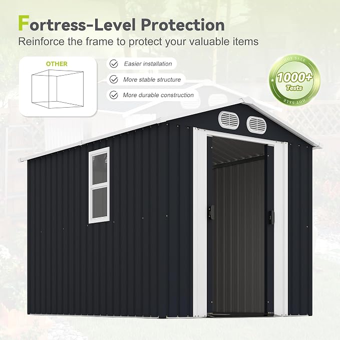 KEIKI 8x6 FT Outdoor Storage Shed, Heavy Duty Metal Garden Shed with Lockable Sliding Doors, Air Vents & Sloped Roof, Waterproof Backyard Tool Shed for Lawn Equipment, Patio Furniture, Dark Gray