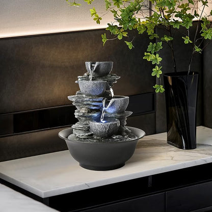 Tabletop Water Fountain Indoor Waterfall Fountains Stacked Rocks Water Feature Feng Shui Zen Meditation Relaxation Desktop Fountain for Home and Office Indoor Spaces Decor (Style 15)