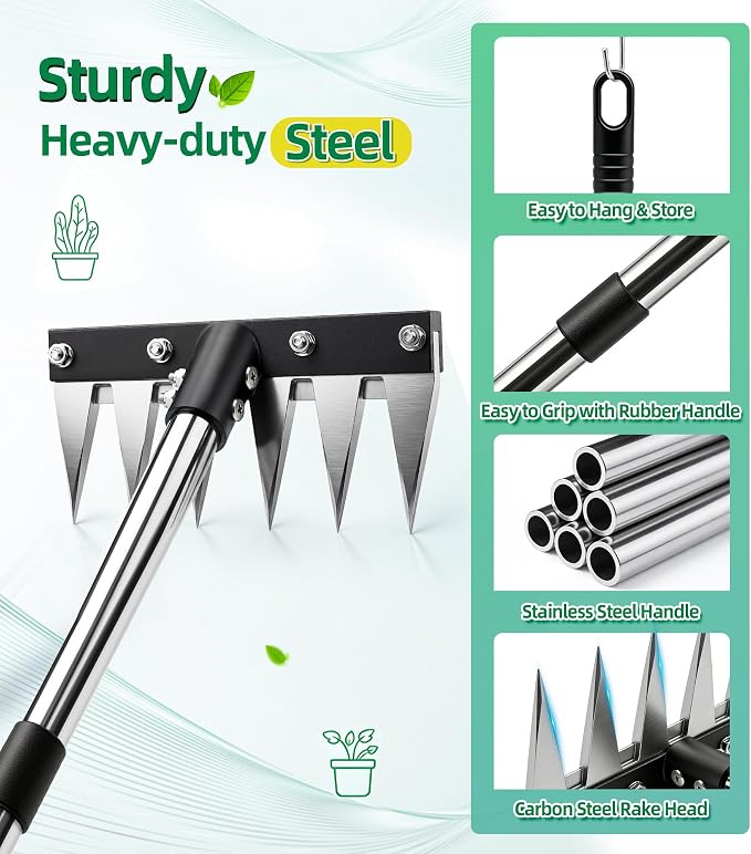 Weed Rake Tool for Garden, 2.0 Upgraded Heavy Duty Iron Weed Puller Tool with 71" Adjustable Long Handle, 6 Teeth Garden Rake Manual Weed Remover for Lawn, Yard, Garden | Heavy Duty, 71" Adjustable Long Handle