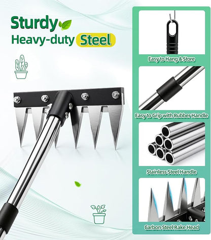 Weed Rake Tool for Garden, 2.0 Upgraded Heavy Duty Iron Weed Puller Tool with 71" Adjustable Long Handle, 6 Teeth Garden Rake Manual Weed Remover for Lawn, Yard, Garden | Heavy Duty, 71" Adjustable Long Handle