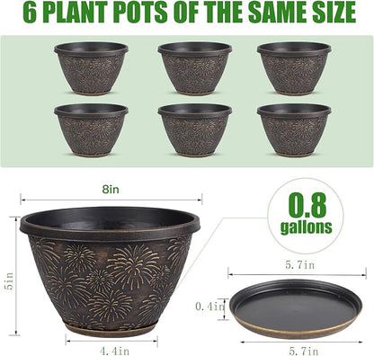 Nooulap 6 Pack 8 Inch Plant Pot, Flower Pots for Indoor Outdoor, Durable Decorative Planters for House Garden Plants Herbs Flowers Succulents, Antique Gold Firework Embossed Design