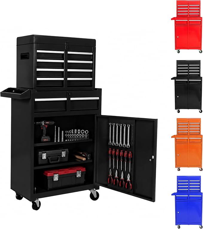 5-Drawer Tool Chest, Detachable Top Box for Garage, Black | Rolling Mobile Storage Cabinet Organizer with Lockable Wheels for Workshop Utility, Heavy Duty Metal Construction