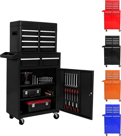 5-Drawer Tool Chest, Detachable Top Box for Garage, Black | Rolling Mobile Storage Cabinet Organizer with Lockable Wheels for Workshop Utility, Heavy Duty Metal Construction
