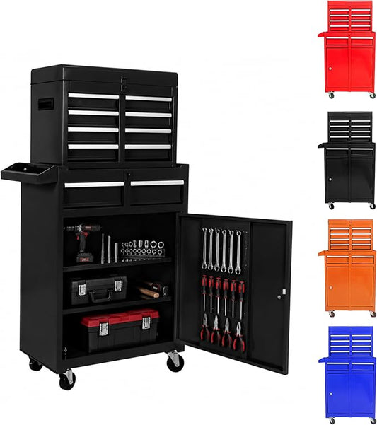 5-Drawer Tool Chest, Detachable Top Box for Garage, Black | Rolling Mobile Storage Cabinet Organizer with Lockable Wheels for Workshop Utility, Heavy Duty Metal Construction