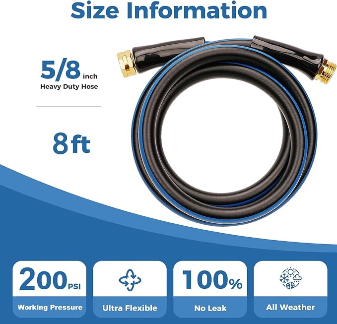 SheeChung Short Garden Hose 8ft x 5/8",Water Hose for Hose Reel Faucet,Lightweight,Leak Free,Flexible,Heavy Duty Leader Hose with Male to Female Fittings,3/4"GHT