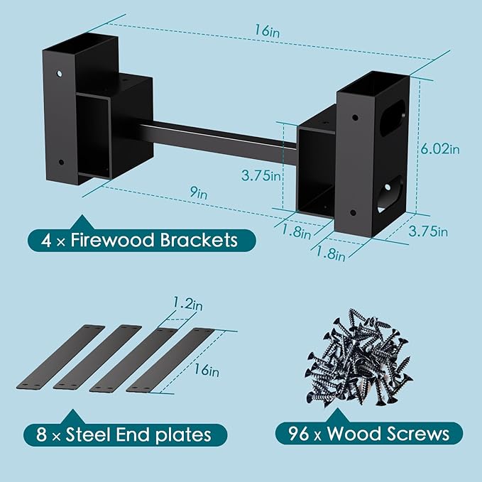 Eibikdi Firewood Rack Outdoor, Adjustable Length Wood Storage Brackets Kit, Log Stacking Stand Holder for Outdoor Indoor Fireplace, Wood Burning Fire Pits, Black, Set of 4