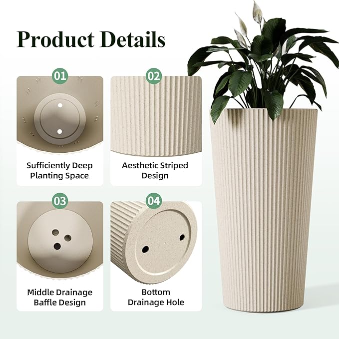 24" H Tall Planters for Outdoor Plants, 2 Pack Large Outdoor Planters for Front Porch Decor with Drainage Hole, Plastic Striped Flower Pots Fits Indoor Plants Patio Garden, Black