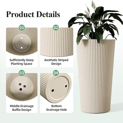 24" H Tall Planters for Outdoor Plants, 2 Pack Large Outdoor Planters for Front Porch Decor with Drainage Hole, Plastic Striped Flower Pots Fits Indoor Plants Patio Garden, Black