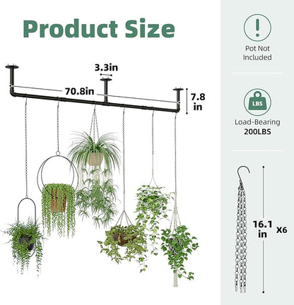 Galood Plant Hanger Indoor with 6 Hanging Chains Hanging Planters for Indoor Plants Hanging Plant Holder Window Plants Rod Black Metal Shelves(70.8 Inch Pot not Included