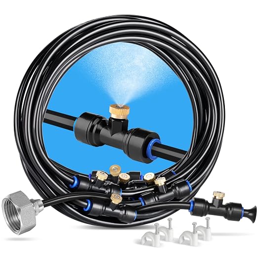 HOMENOTE Misting Cooling System, 26FT (8M) Misting Line + 7 Brass Mist Nozzles + Brass Adapter(3/4") Outdoor Mister for Patio Backyard Garden Greenhouse