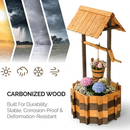 VINGLI Wooden Wishing Well Outdoor Planters, Well Covers for Yard with 2 Reinforced Rods, Height Adjustable Hanging Bucket, Rustic Flower Pot Decor for Outside Patio Garden (Two-Tone, 22" Width)