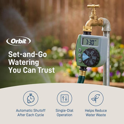 Orbit One Outlet Single-Dial Hose Faucet Timer - Easy Programmable - For Garden Watering System - LCD Hose Timer with Adjustable Watering Schedule - 62056