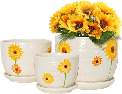 Ton Sin Ceramic Plant Pots for Indoor Houseplants, Cute Decorative Flower Planters with Drainage Holes & Matching Saucers, Hand-Painted Yellow Sunflower Design, 6.7/5.5/4.3 Inch Sizes