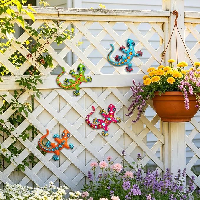 Metal Gecko Wall Art Decor- Outdoor Lizards Hanging Decoration for Garden Yard Fence Patio Balcony(4 Pack)