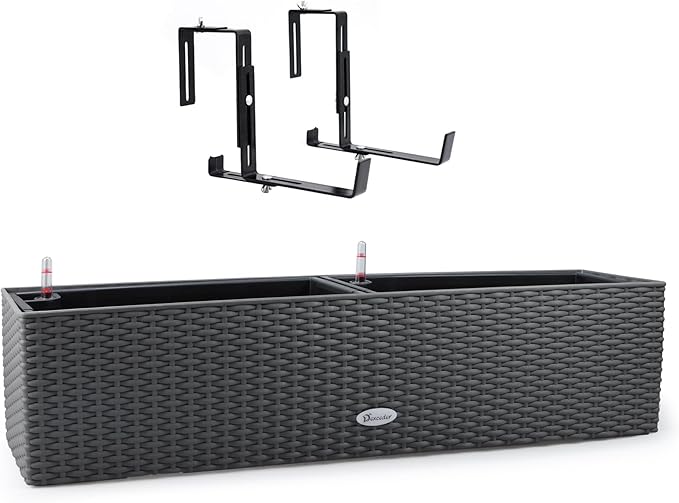 Dexceder 31.5 Inch Self Watering Rail Window Box with Bracket (Deep Gray) | Thickened Large Rattan Planter Flower Plant Pot with Water Level Indicators Indoor Outdoor