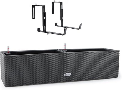 Dexceder 31.5 Inch Self Watering Rail Window Box with Bracket (Deep Gray) | Thickened Large Rattan Planter Flower Plant Pot with Water Level Indicators Indoor Outdoor