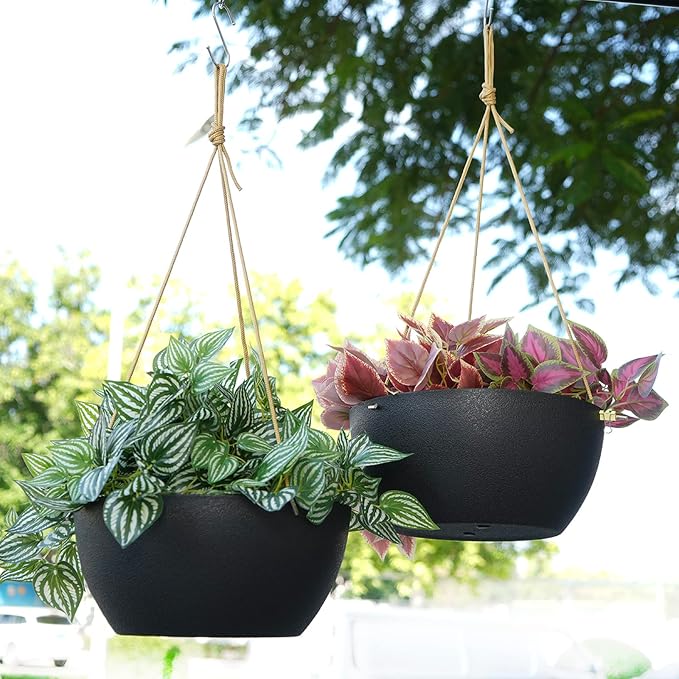 SwinDuck 12 Inch 2 Pack Large Hanging Planters for Indoor Outdoor Plants, Plastic Hanging Basket Pots for House Plants Flowers, Black