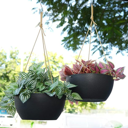 SwinDuck 12 Inch 2 Pack Large Hanging Planters for Indoor Outdoor Plants, Plastic Hanging Basket Pots for House Plants Flowers, Black