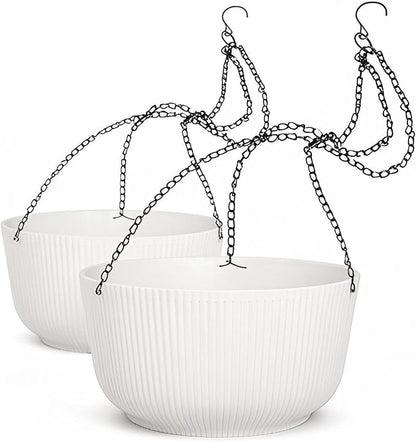 Dexceder 9.8 Inch Self Watering Hanging Planter (2 Pack, White) | Thickened Hanging Basket Flower Plant Pot Indoor Outdoor