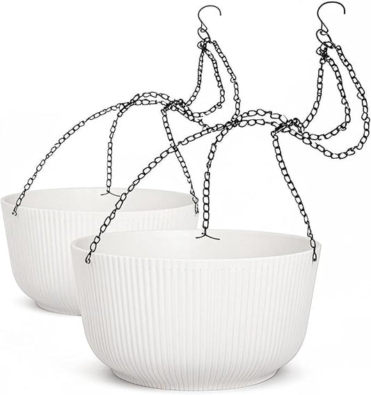 Dexceder 9.8 Inch Self Watering Hanging Planter (2 Pack, White) | Thickened Hanging Basket Flower Plant Pot Indoor Outdoor