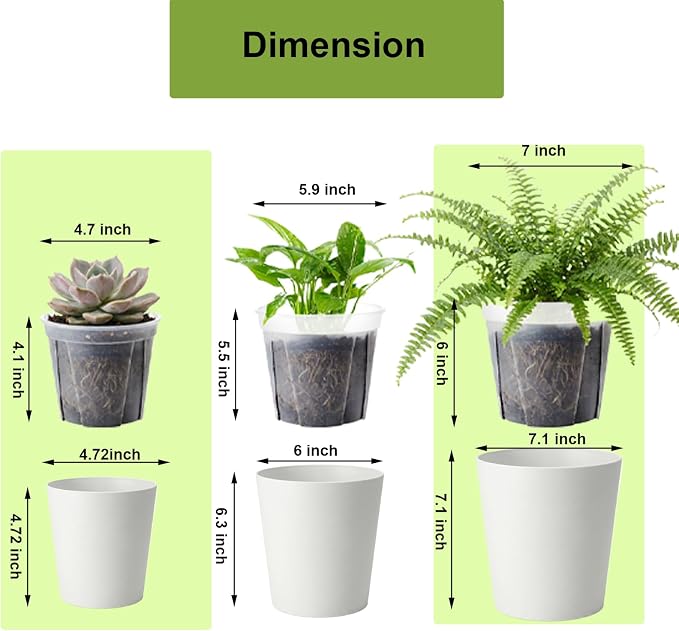 4 Pack of 7in and 5in Double-Layer Self-Watering Pot with Clear Nursery Pot - Indoor Planter with Drainage for Root Visibility,semi Hydro pots for repotting Orchids,Aroid or Monstera,White