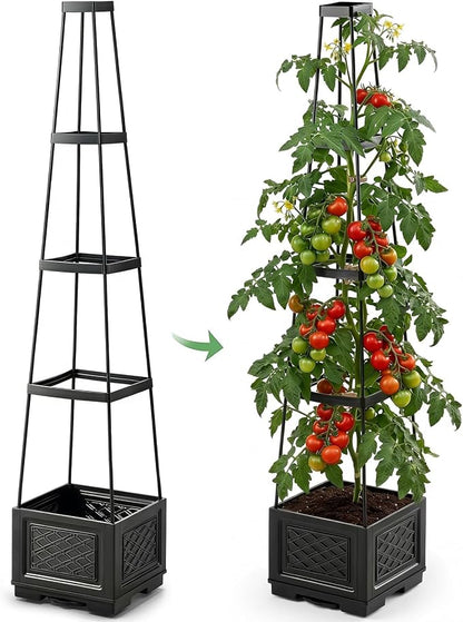 Tomato Planter with Wheels, 57" Self Watering Raised Garden Bed with Tomato Cage & Trellis for Light Climbing Plants, Cherry Tomatoes, Clematis, Herbs, Indoor & Outdoor Gardening for Patios, 1 Pack