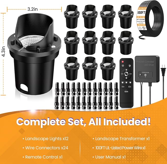 Low Voltage Landscape Lighting Kit, Well Lights with 144W Transformer & Wires, 5CCT In-ground Lights IP67 Waterproof 12-24V AC/DC Outdoor Path Lights for Garden Yard, 12 Pack