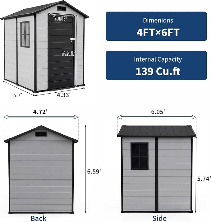Garvee Outdoor Storage Shed with Floor, Plastic Resin Garden Shed with Window & Sloping Roof & Lockable Door for Patio Backyard Garden, Lawn Mower, Bike, Tool Storage (Grayish White + Black, 4' x 6')