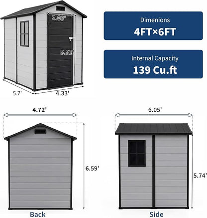 Garvee Outdoor Storage Shed with Floor, Plastic Resin Garden Shed with Window & Sloping Roof & Lockable Door for Patio Backyard Garden, Lawn Mower, Bike, Tool Storage (Grayish White + Black, 4' x 6')
