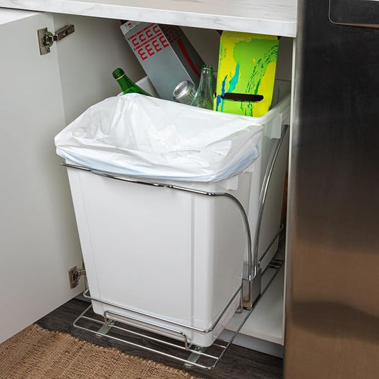 Household Essentials Chrome Steel Sliding Double Waste Bin with White Plastic Inserts