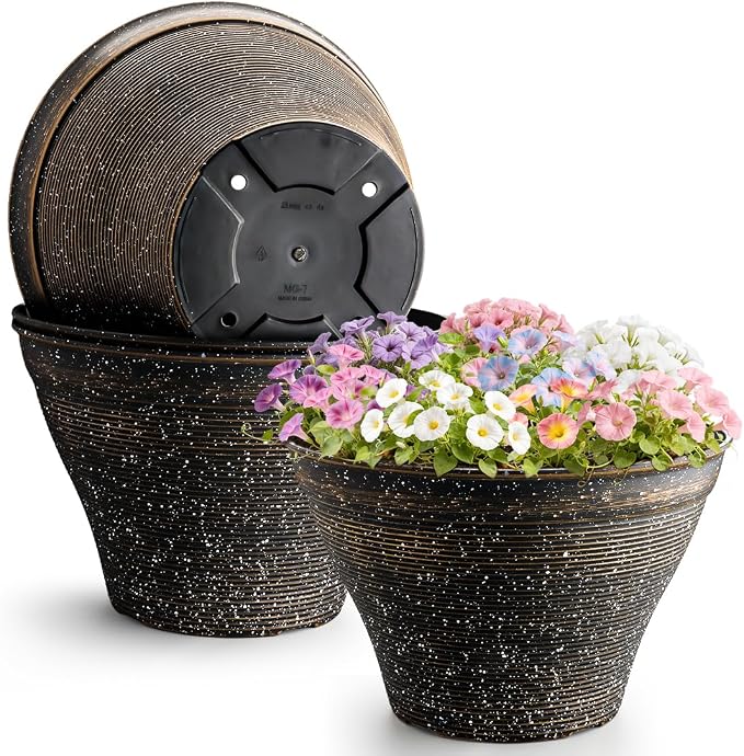 RooTrimmer 18 Inch Large Planters for Indoor Outdoor Plants 4 Pack, Plastic Plant Pots with Drainage Holes, Modern Decorative Garden Pots, Plant Container for Planting Ornamental Plants, Black