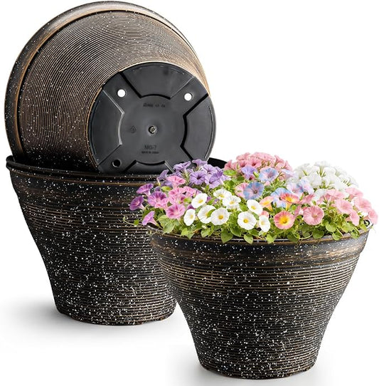 RooTrimmer 18 Inch Large Planters for Indoor Outdoor Plants 4 Pack, Plastic Plant Pots with Drainage Holes, Modern Decorative Garden Pots, Plant Container for Planting Ornamental Plants, Black