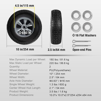 BIG RED Solid Rubber Tires and Wheels, 10 inch Flat Free Tubeless Wheels with 5/8" Axle Bore Hole,2.1" Offset Hub - for Truck, Utility Cart,Wheelbarrow, Dolly, Garden 10" x 2.5"