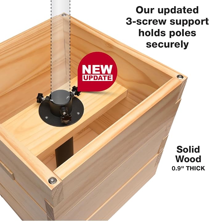 Extra Large Decorative Wooden Planter w/ Universal Pole Support for String Light Poles,Umbrellas,Bird Feeders. Solid Wood Outdoor Garden Box for Plants(Does not include Pole), 17"x17"x18", Natural