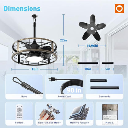 addlon 20 Inch Outdoor Ceiling Fans with Lights, IP65 Waterproof Plug in Caged Hanging Fan for Gazebo, Remote Control, 3 CCT, 6 Speeds Reversible Outdoor Fan for Patio, Pergola, Porch